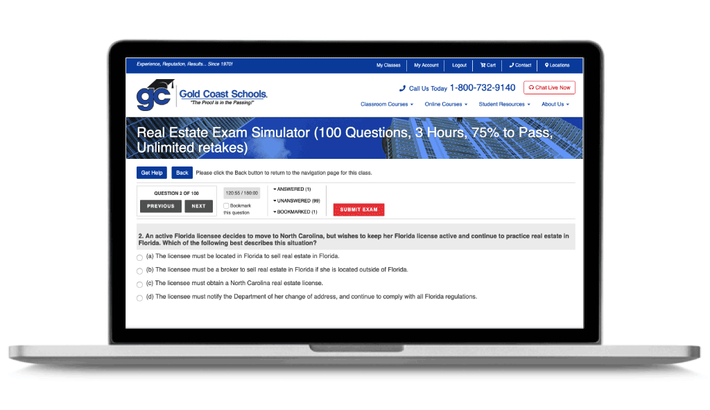 Example view of exam simulator on a desktop.