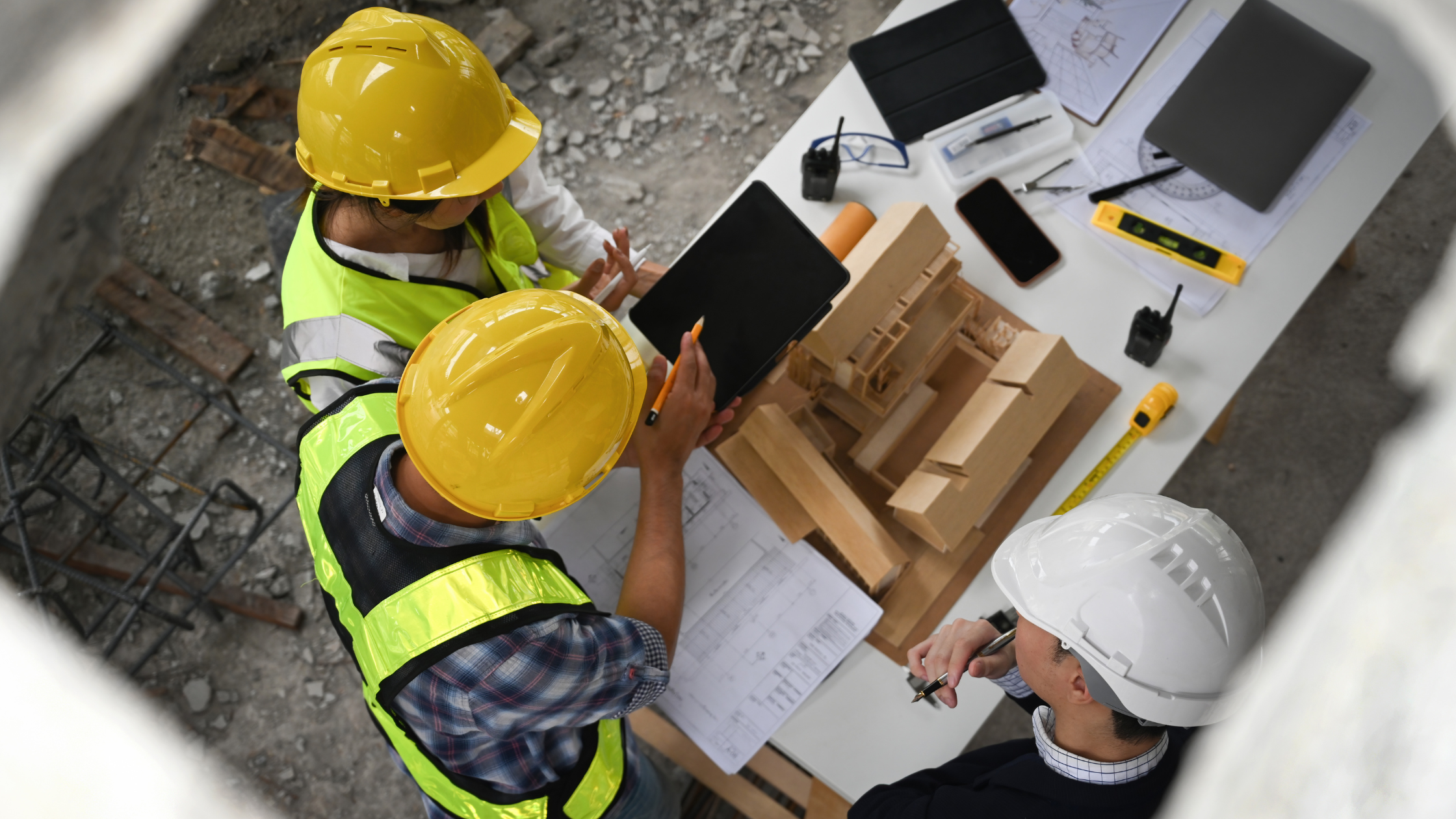 construction project managers working on a blueprint