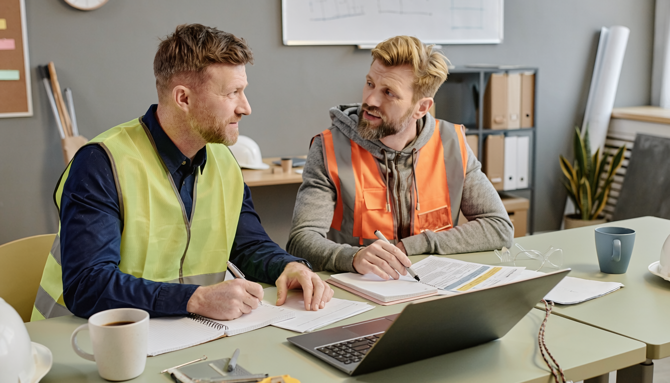 Contractor reviewing construction plans on a job site while completing continuing education requirements