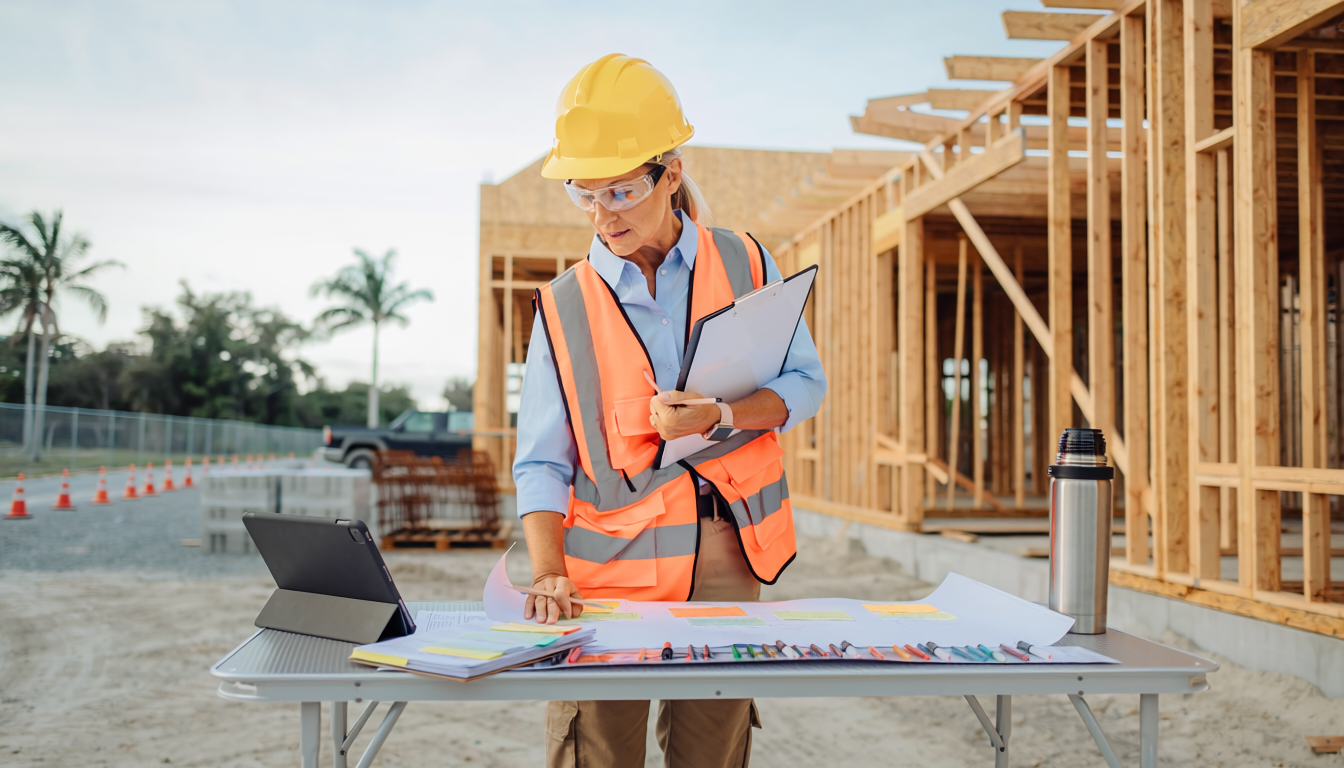 Construction worker reviewing project plans and schedule on job site”