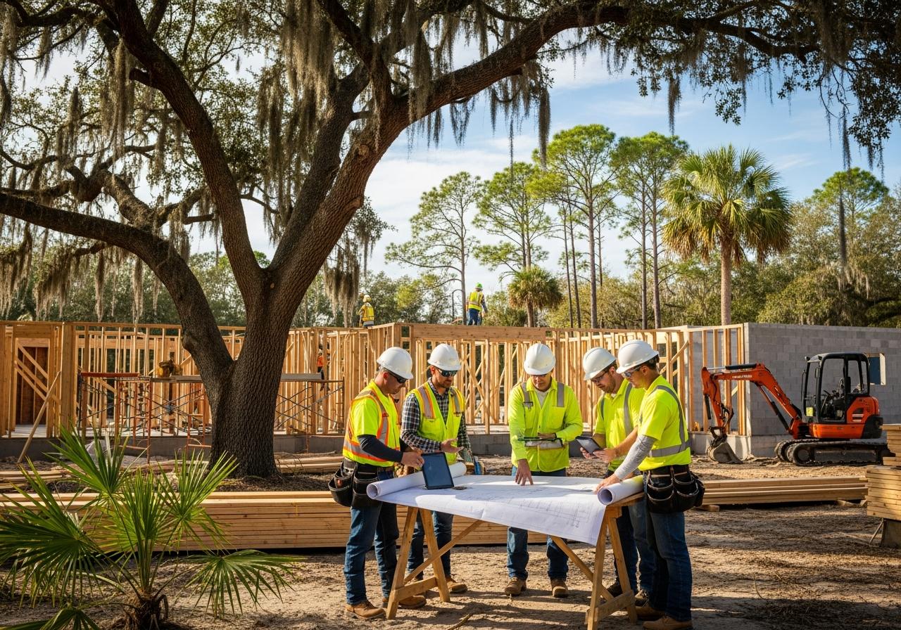 Florida construction contractor reviewing licensing paperwork and building plans at a job site.